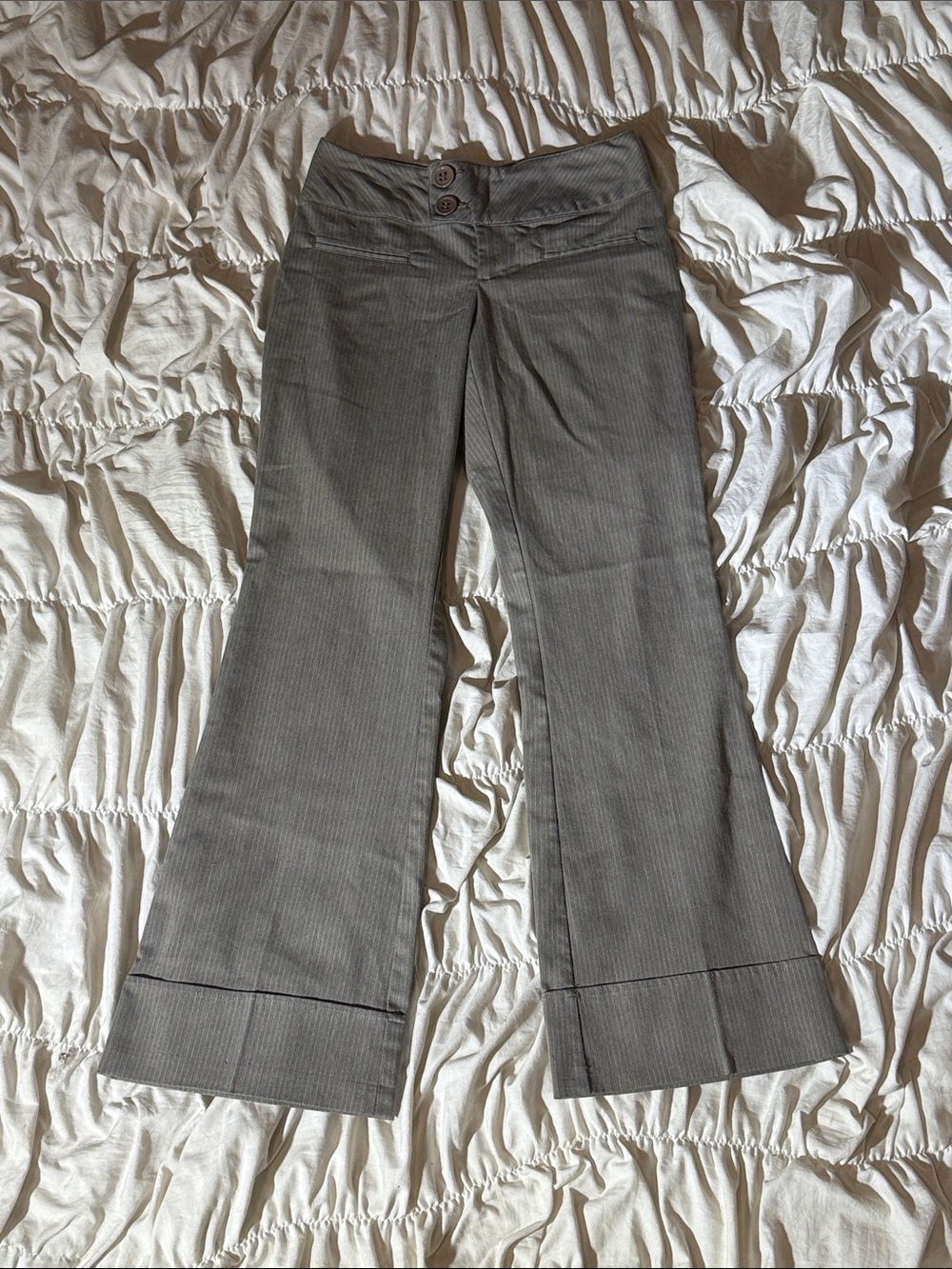 Low Waisted Gray Pinstripe Wide Leg Trousers With Buttons